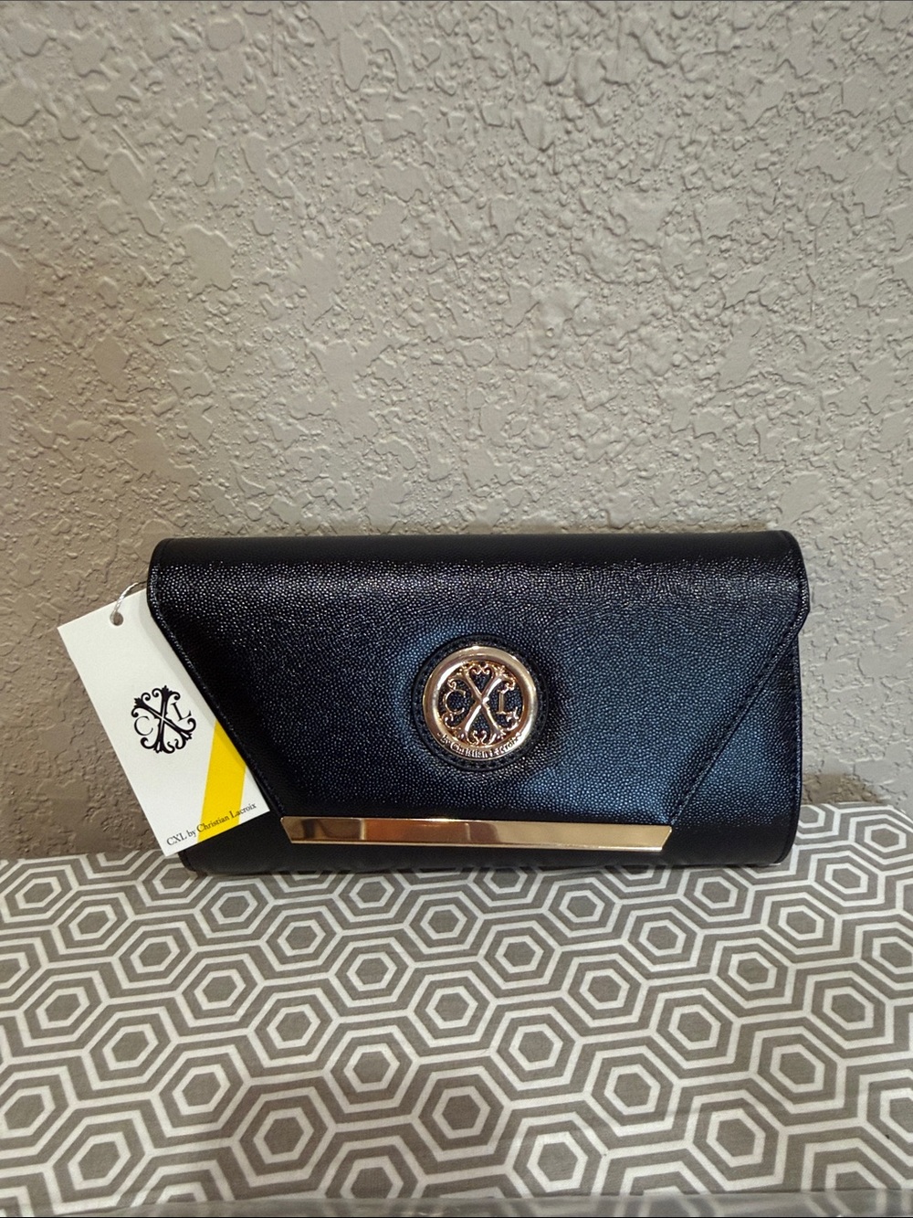 Christian Lacroix Black Clutch with Gold Emblem
